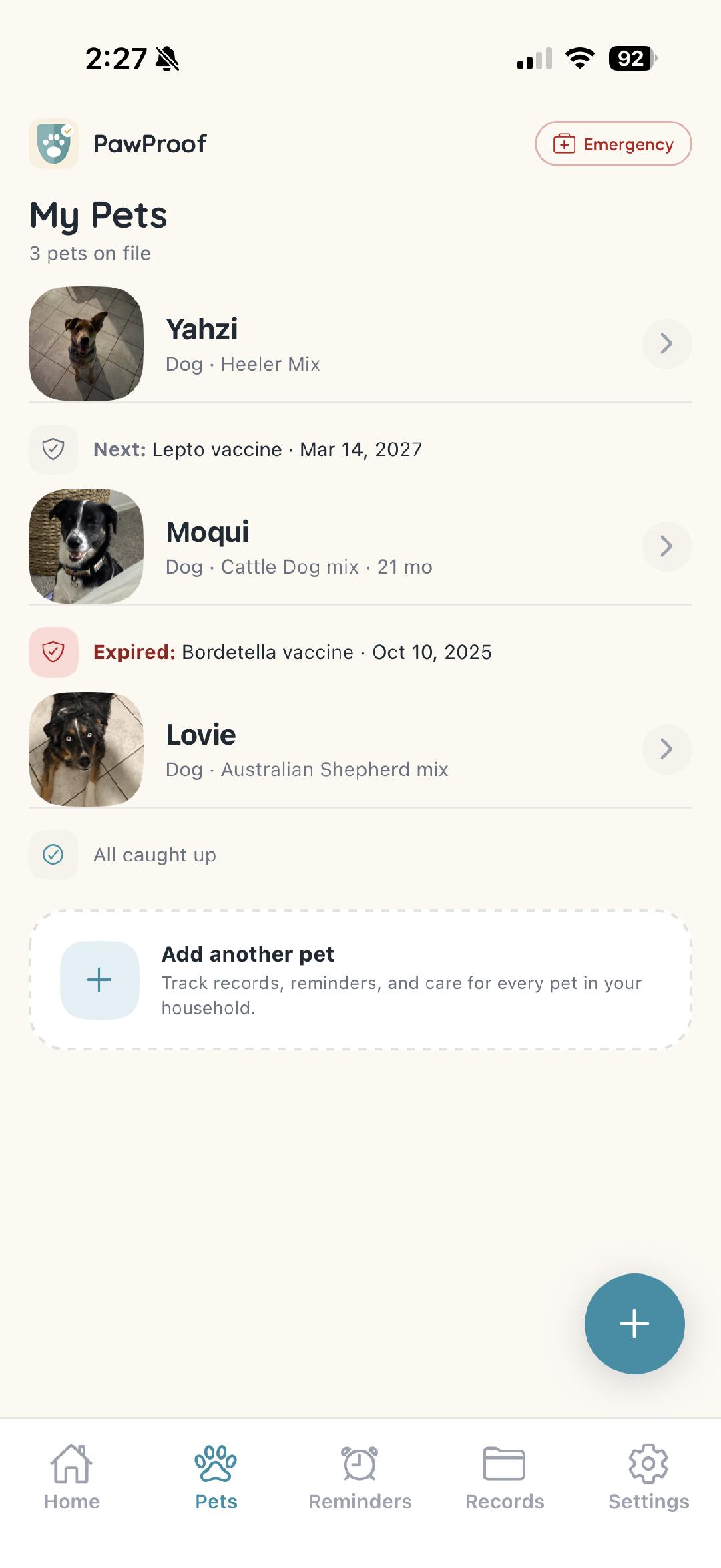 PawProof My Pets list with three dogs