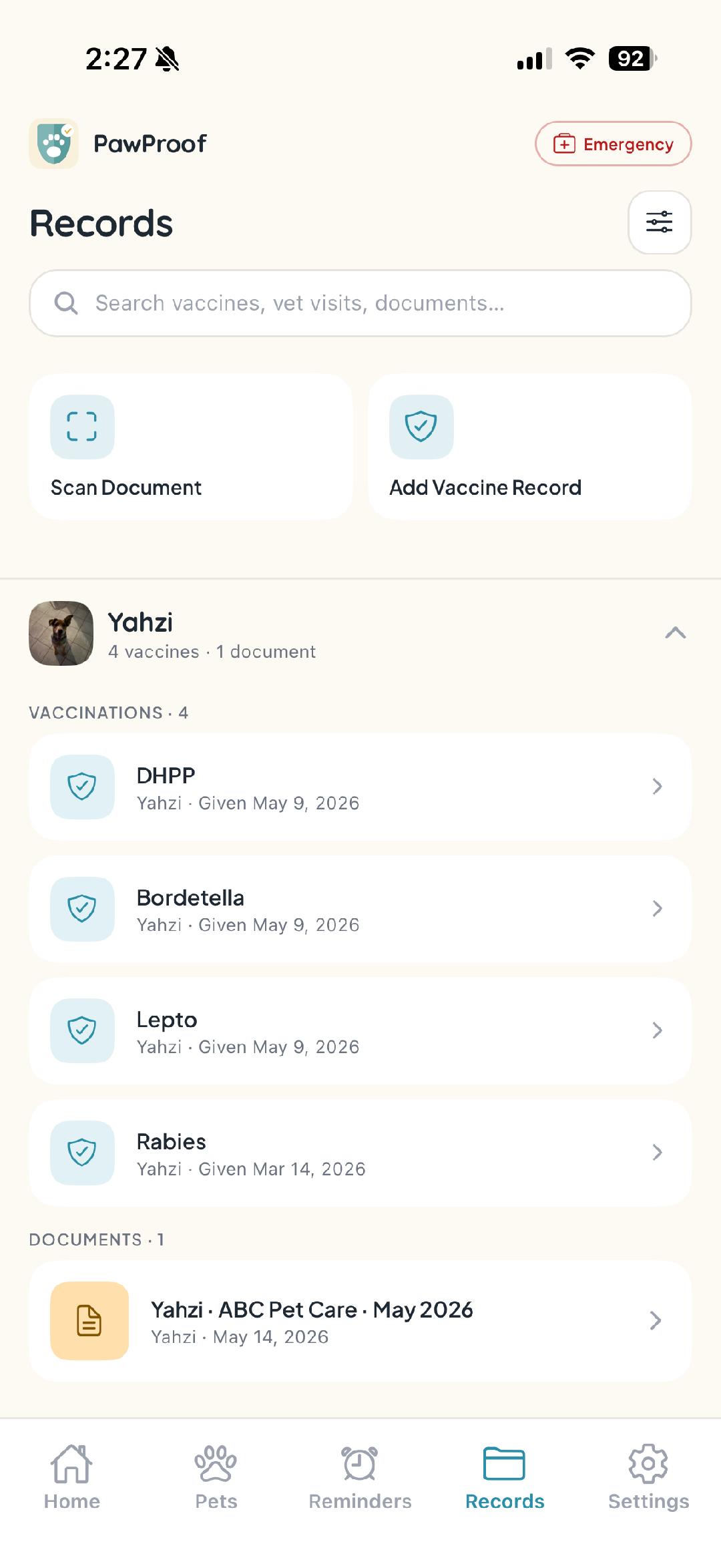 PawProof records screen with vaccines and documents