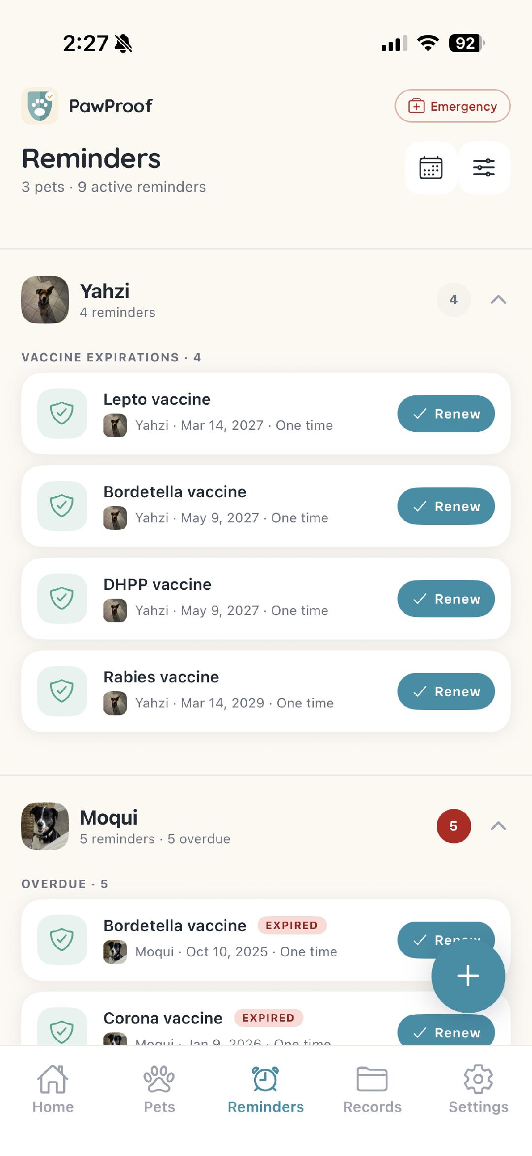 PawProof reminders screen grouped by pet